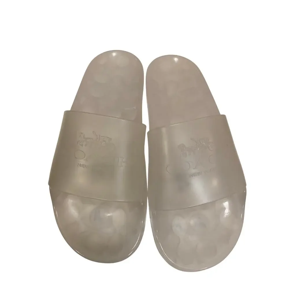 NIB Size 9B COACH Ulyssa Clear Water-Resistant Jelly Rubber Logo Slip-On Slides